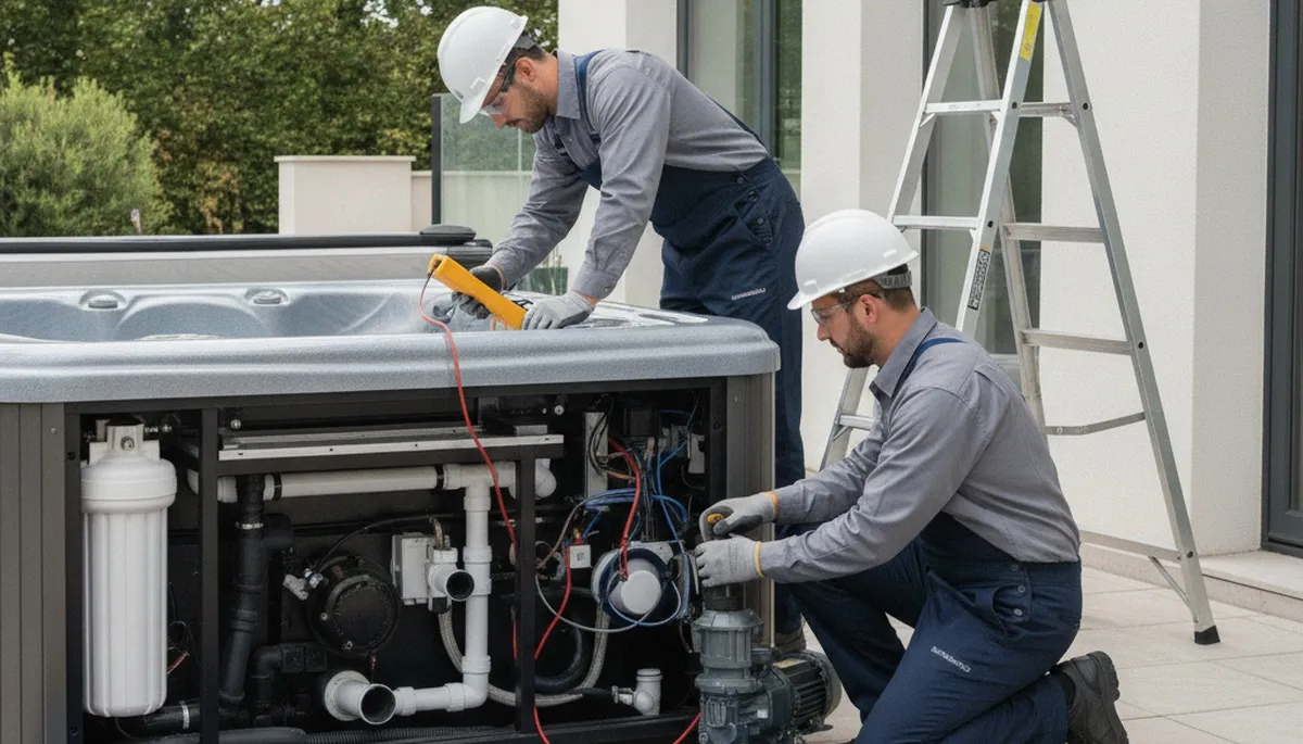 Spa repair technician servicing a home spa in Overland Park, KS for reliable plumbing repairs